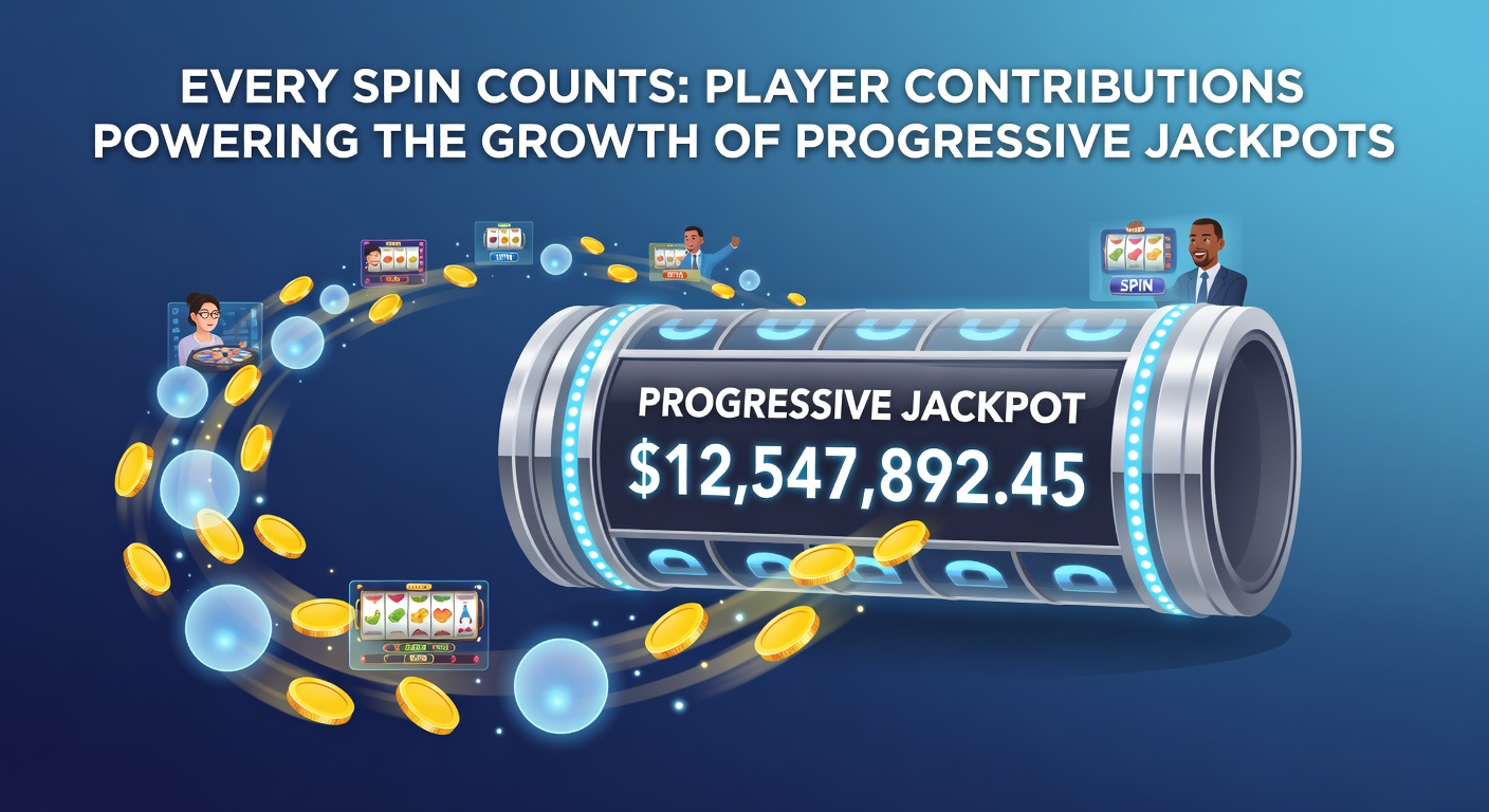 Group of diverse players at digital devices, their spins visualized as streams merging into a massive, rising progressive jackpot pool