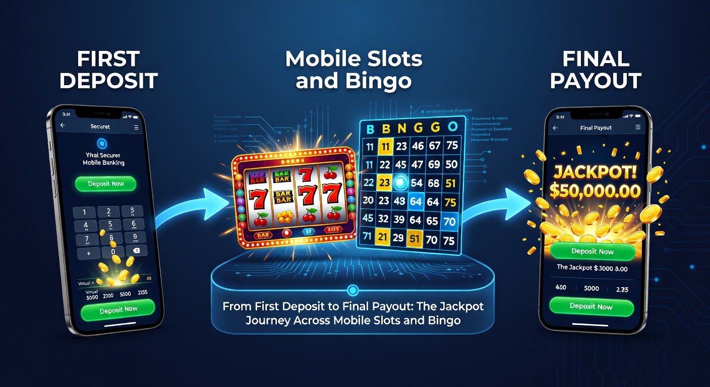 Jackpot payout screen on mobile, showing winner's celebration amid slots reels and bingo cards