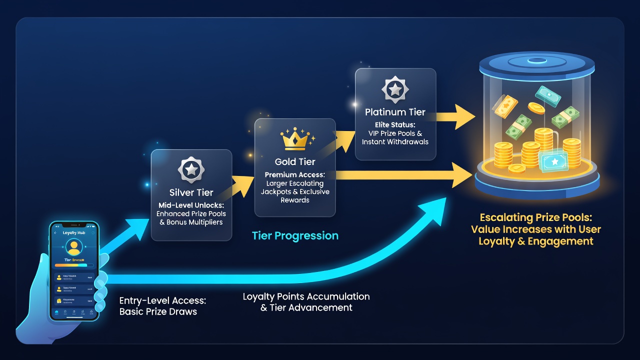 Illustration of tier progression chart showing loyalty levels and corresponding prize pool sizes in entertainment apps