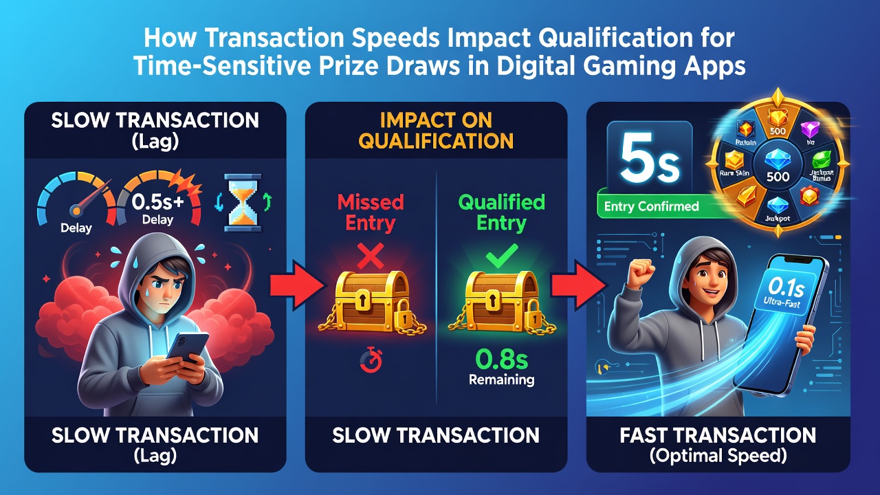 Mobile gaming app transaction log highlighting speed metrics and prize draw qualification status