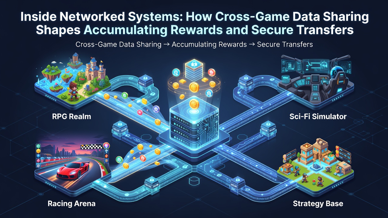 Illustration of secure data transfer processes between gaming platforms showing encrypted reward pathways