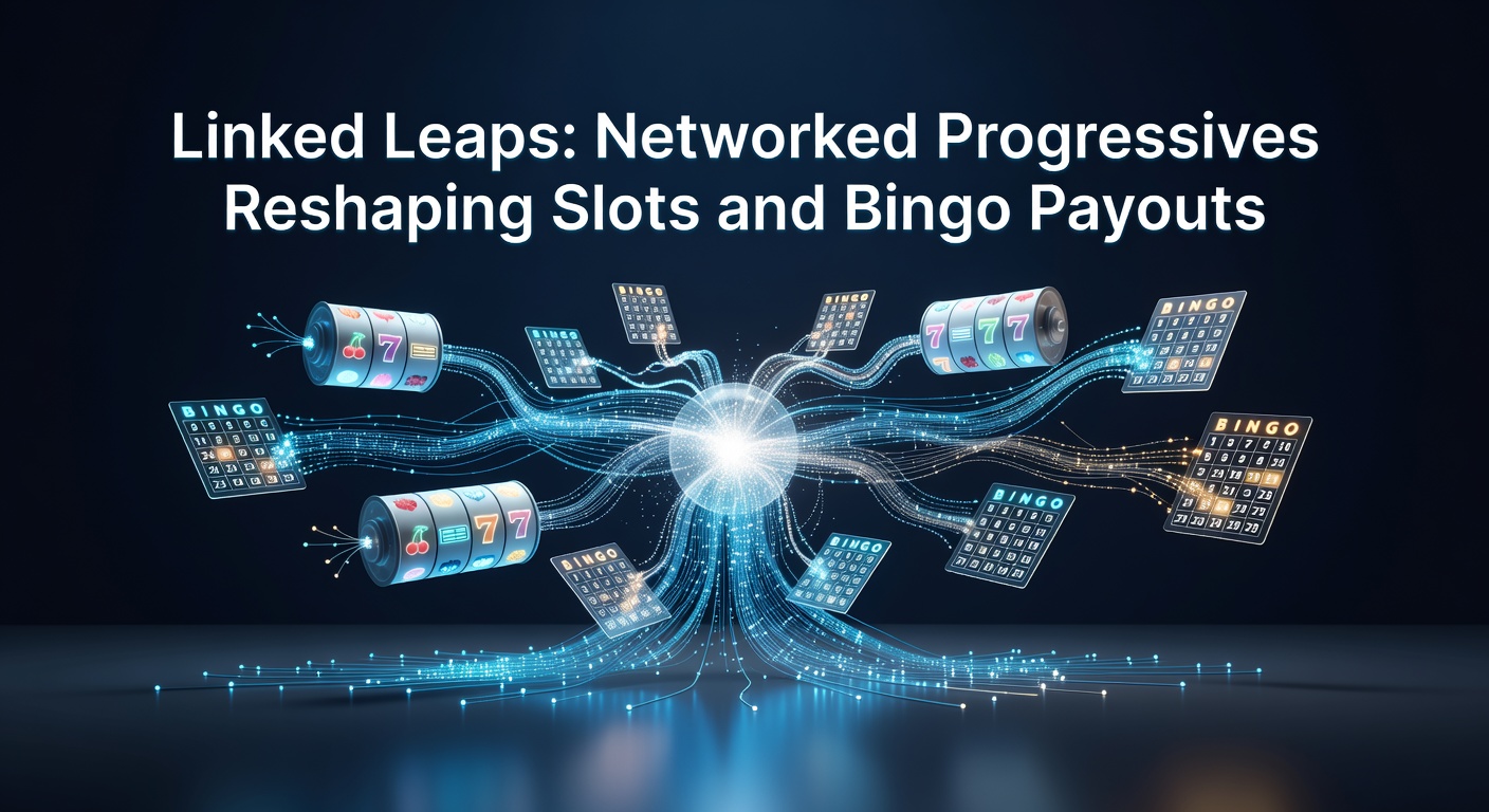 Vibrant display of interconnected slot machines and bingo halls showing rising progressive jackpot meters linked across networks