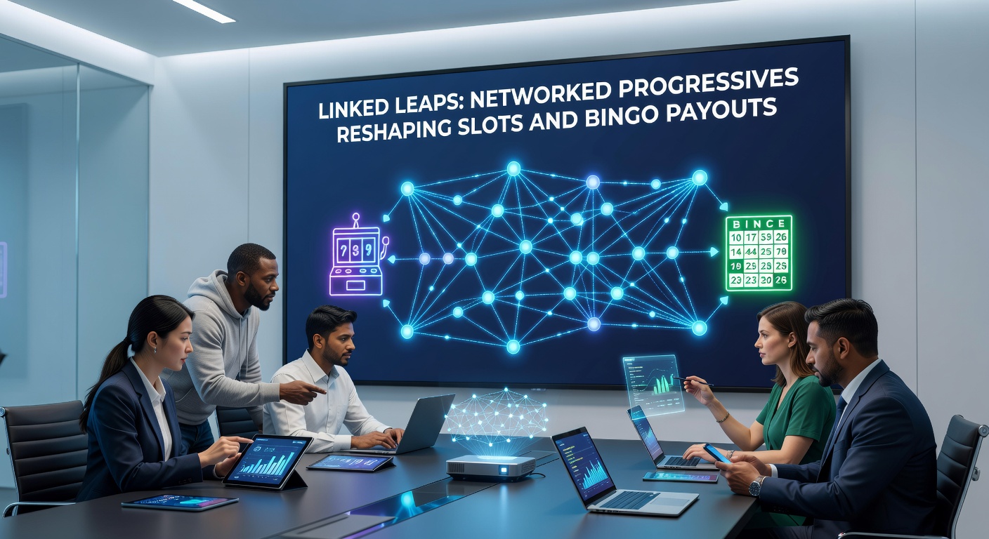 Animated graphic illustrating bingo cards and slot reels connected by digital networks with escalating jackpot counters