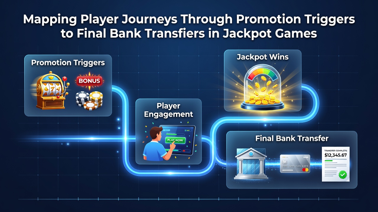 Illustration showing the flow of player actions from promotional offers through jackpot gameplay to final bank transfers