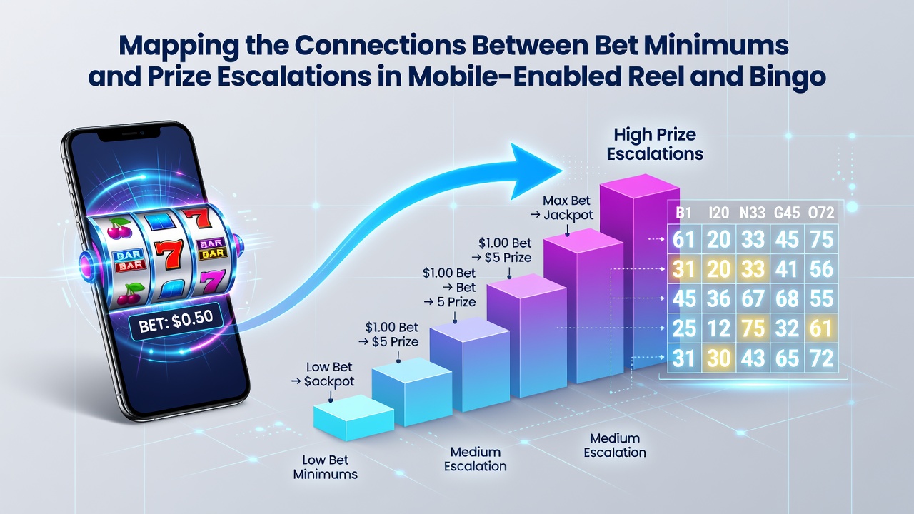 Diagram illustrating bet minimum pathways feeding into escalating prize pools in mobile gaming networks