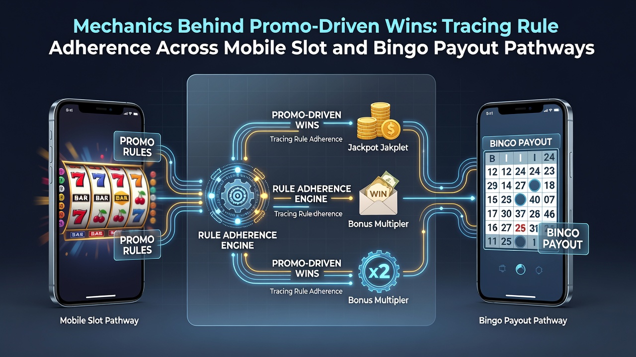 Mobile slot and bingo interfaces showing promo rule indicators and payout verification screens