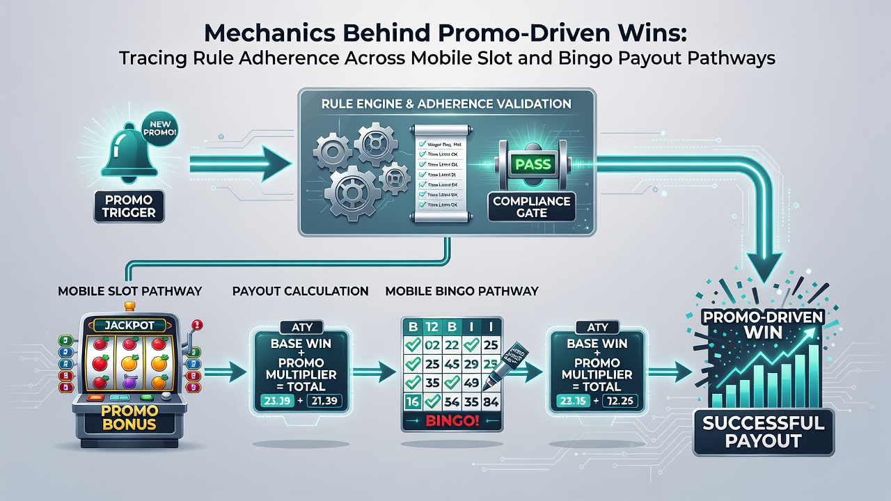 Flow diagram of mobile payout pathways connecting slot spins, bingo draws, and rule compliance checkpoints