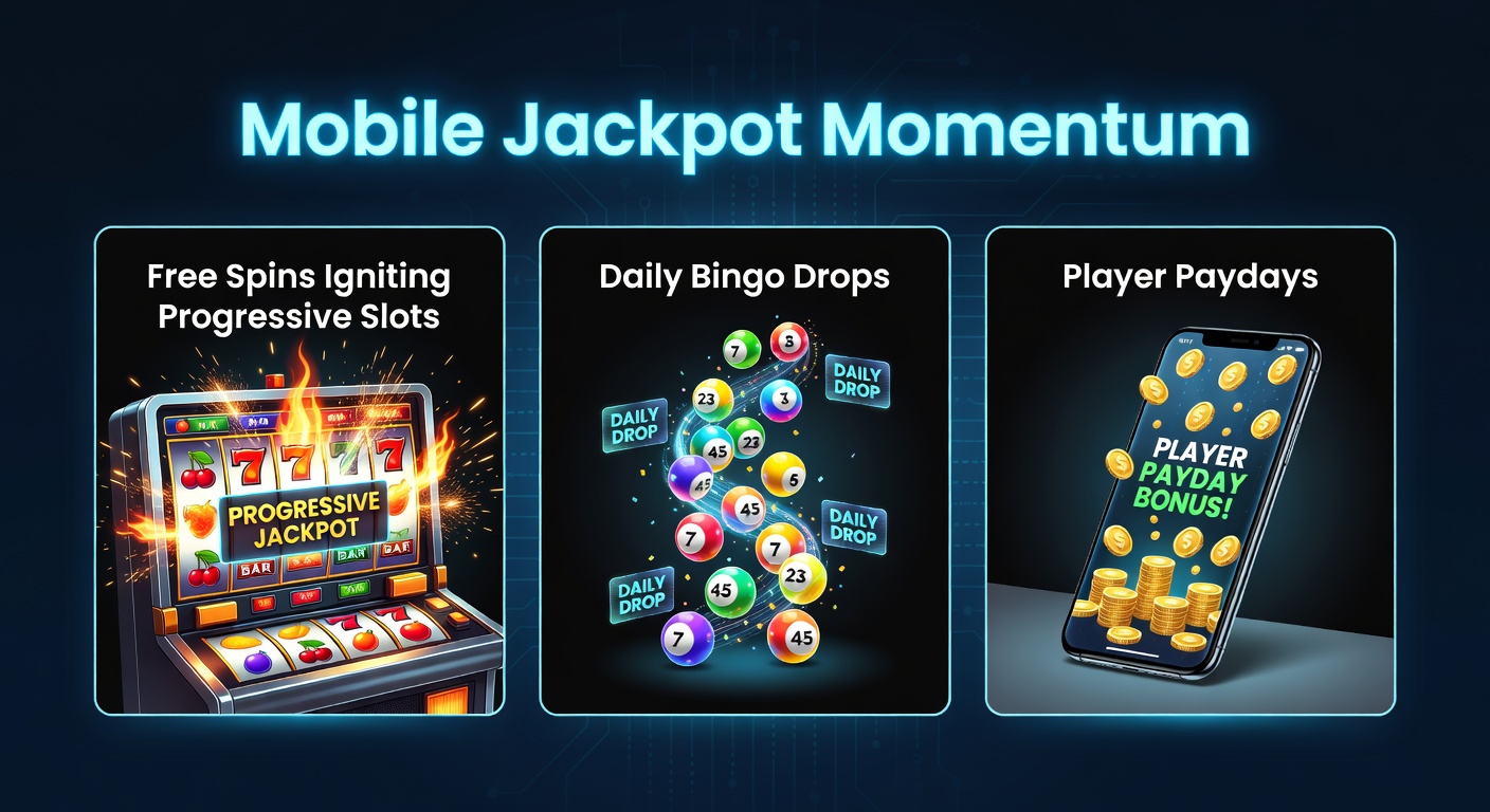 Thrilling mobile screen showing a progressive slot jackpot building with free spins activated, coins cascading in a bingo drop