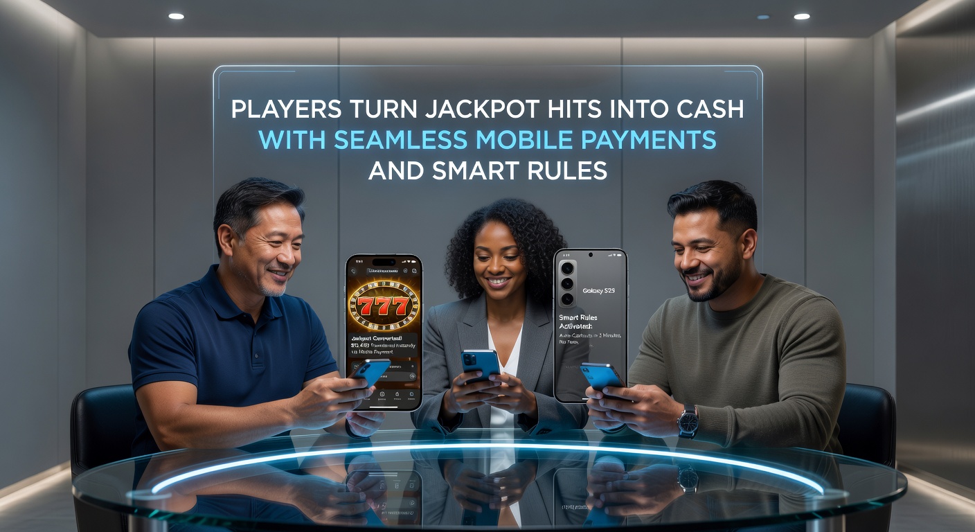 Illustration of a flowchart showing jackpot win verification, mobile payment selection, and funds landing in a bank app, emphasizing speed and security