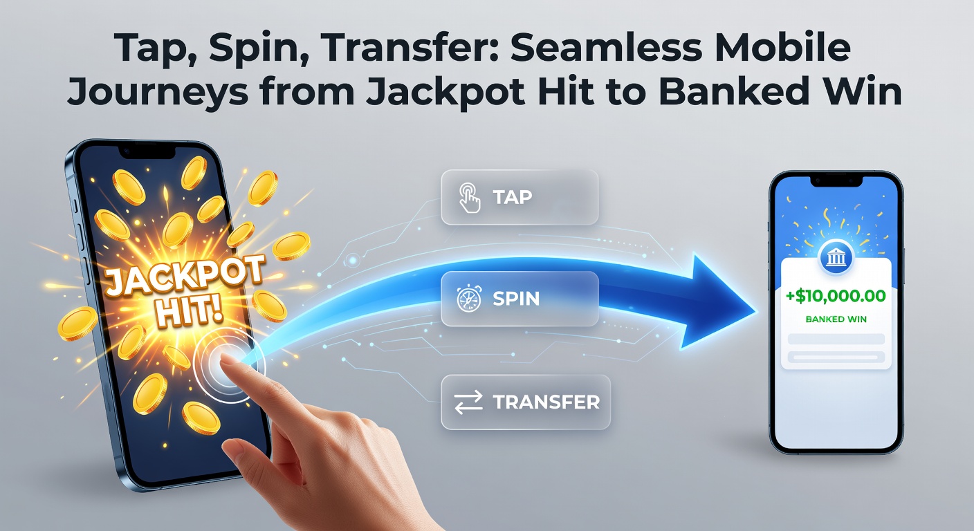 Illustration of a finger tapping a transfer button on a mobile banking app, showing funds moving from casino balance to bank account with security icons