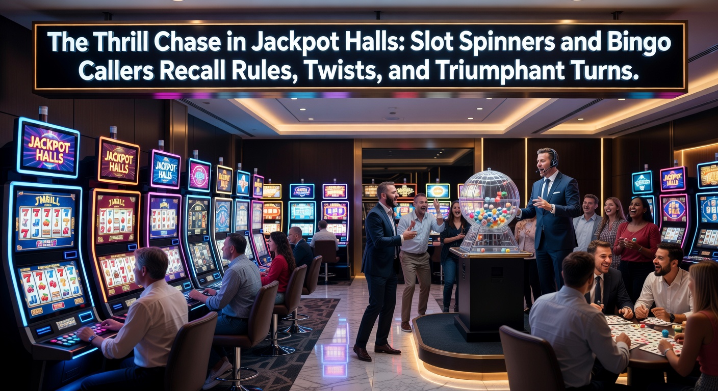 Crowded bingo hall with excited players marking cards under bright lights as a caller announces numbers, capturing the electric atmosphere of jackpot pursuits