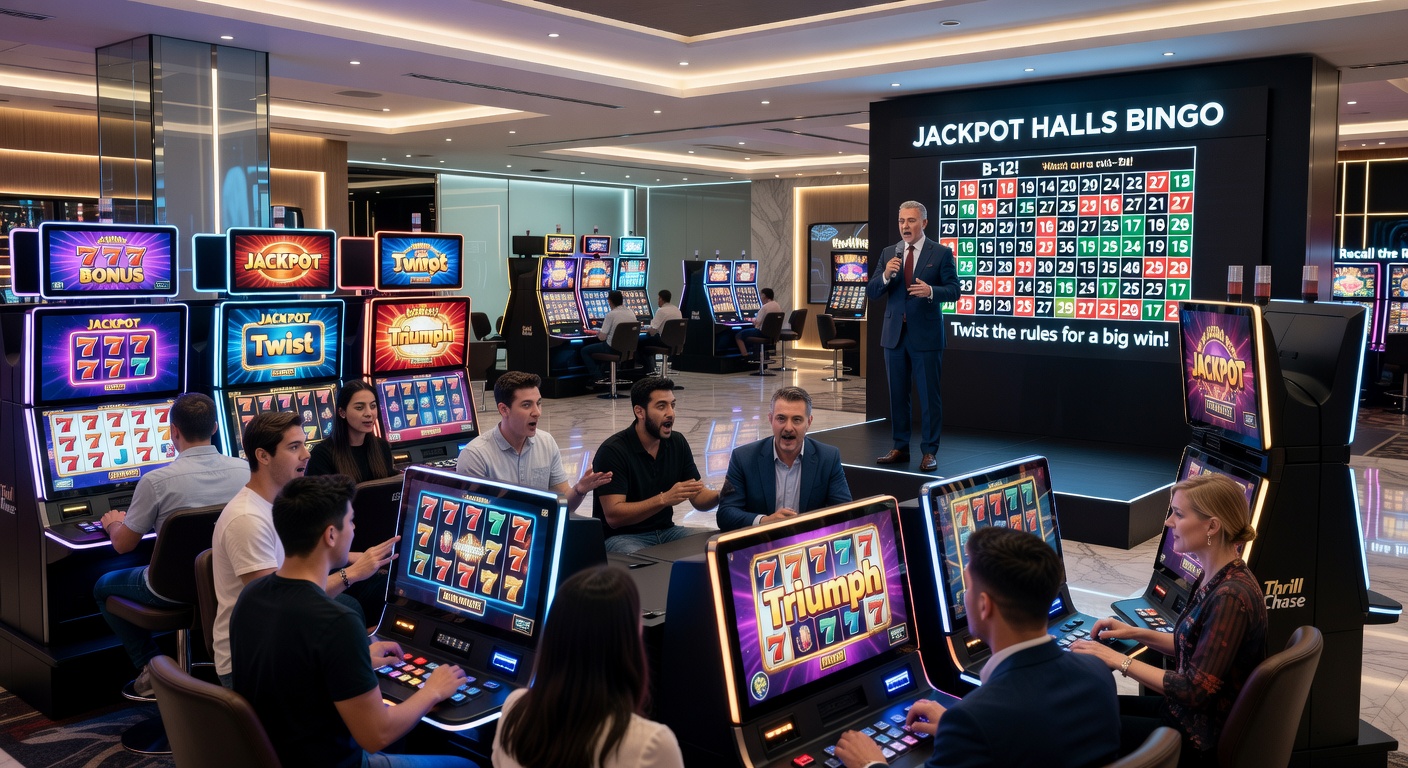 Slot machine jackpot lights flashing triumphantly amid cheering casino crowd, highlighting a massive win display with coins cascading