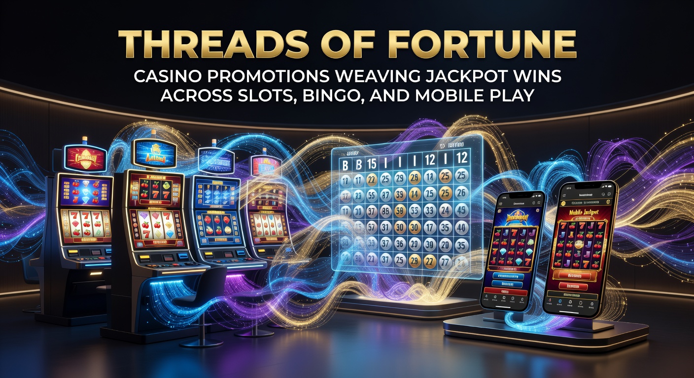 Vibrant casino screen showing interconnected slots, bingo cards, and mobile devices with jackpot promotions lighting up wins across platforms