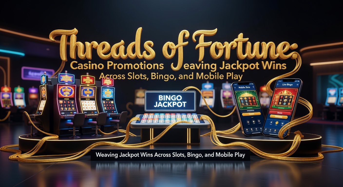 Dynamic graphic of promotional threads connecting slot reels, bingo patterns, and smartphone screens exploding with jackpot confetti
