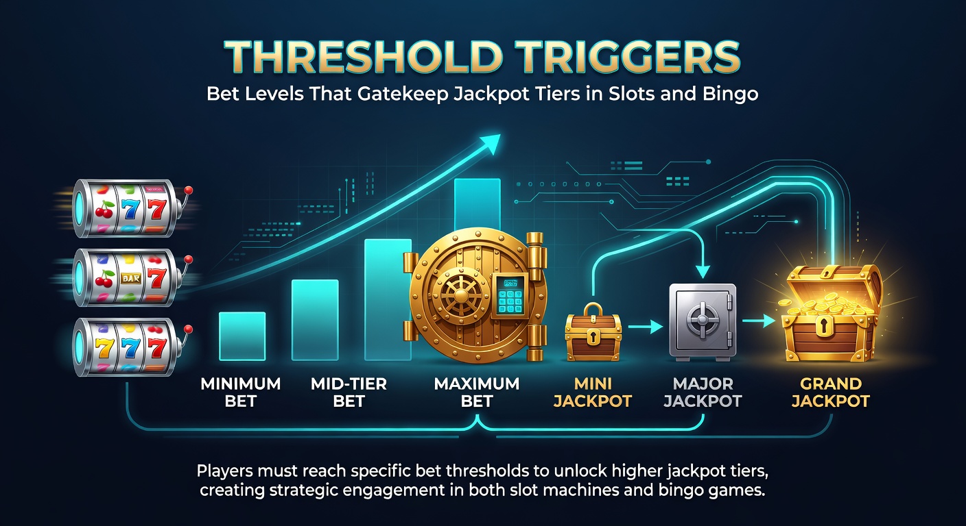 Bingo cards stacked with progressive jackpot meters rising behind bet level barriers, illustrated by locked chains breaking at higher stake thresholds
