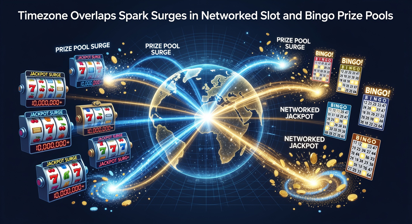 Global clock faces overlapping with slot machine reels and bingo cards illustrating synchronized player activity across regions