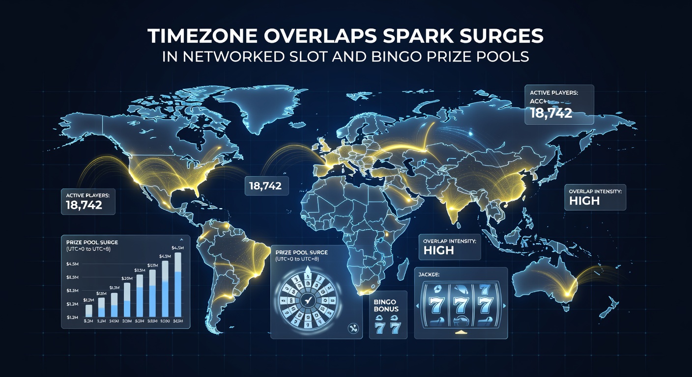 Network diagram showing player connections across time zones feeding into a central bingo and slot prize pool