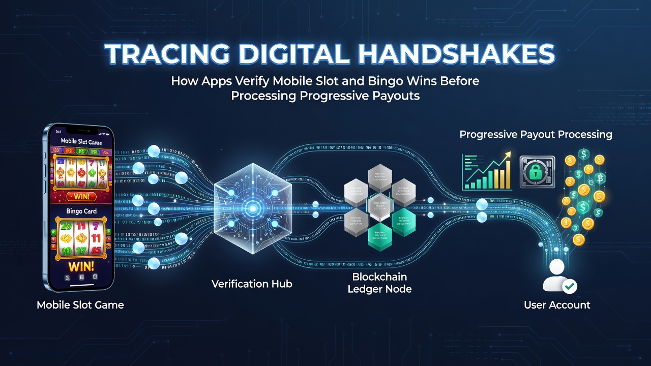 Illustration of secure data exchange between mobile gaming apps and servers during win verification