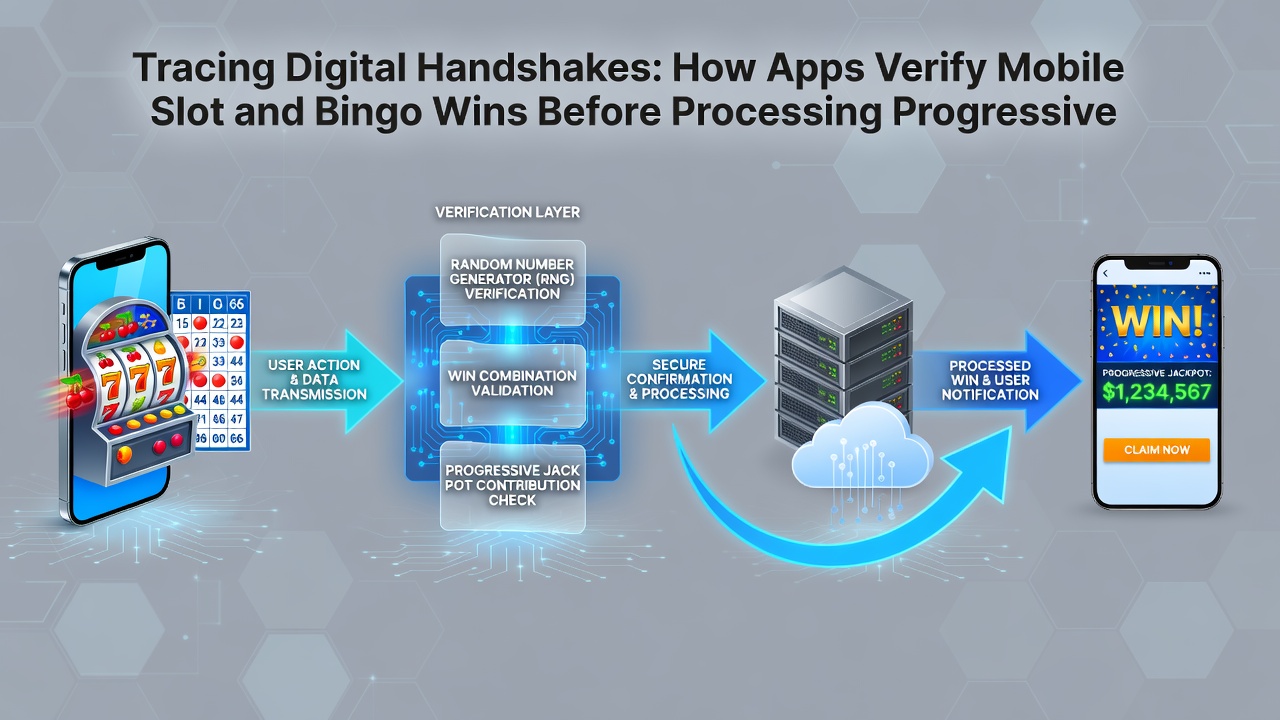 Diagram showing encrypted verification steps for mobile bingo and slot progressive wins