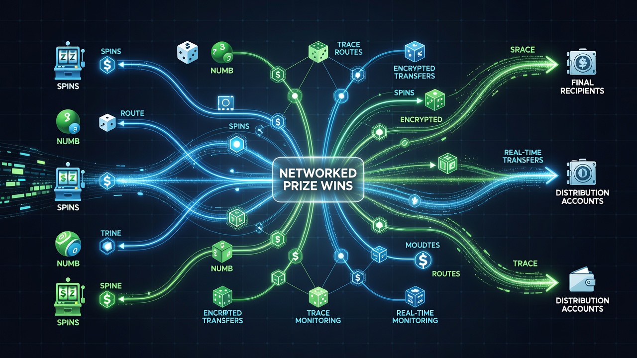 Illustration of modern banking and digital wallet connections used for prize distributions after networked wins