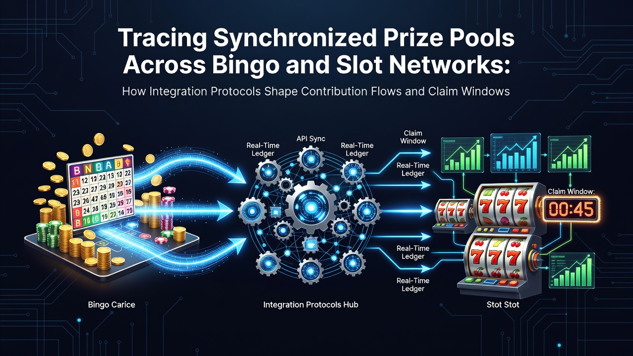 Network diagram showing synchronized prize pool connections between bingo and slot systems with contribution flow arrows