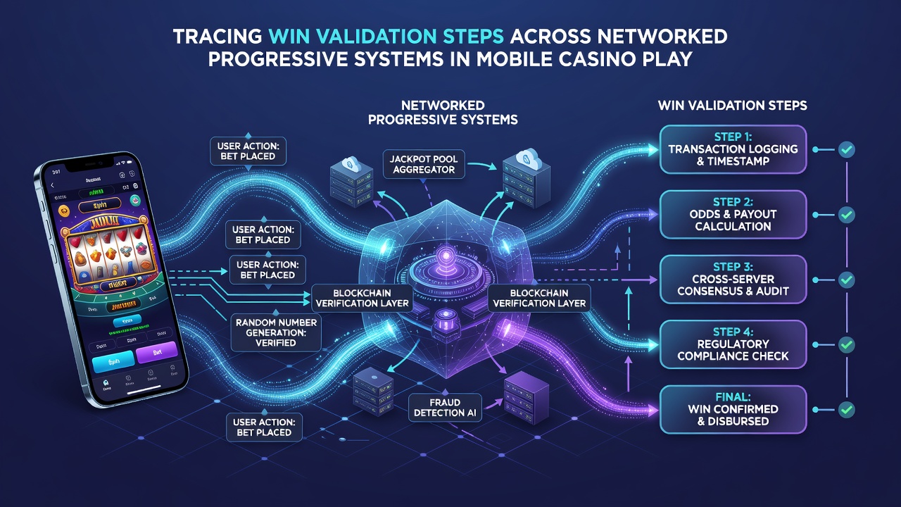 Flowchart illustrating sequential validation steps from mobile device through central servers to payout authorization