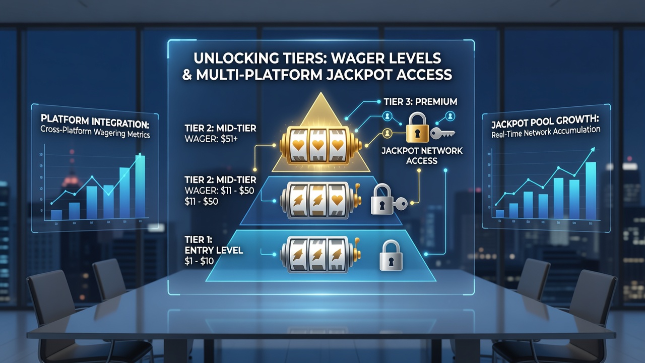 Infographic illustrating progressive jackpot tiers linked through specific bet levels on multiple gaming platforms