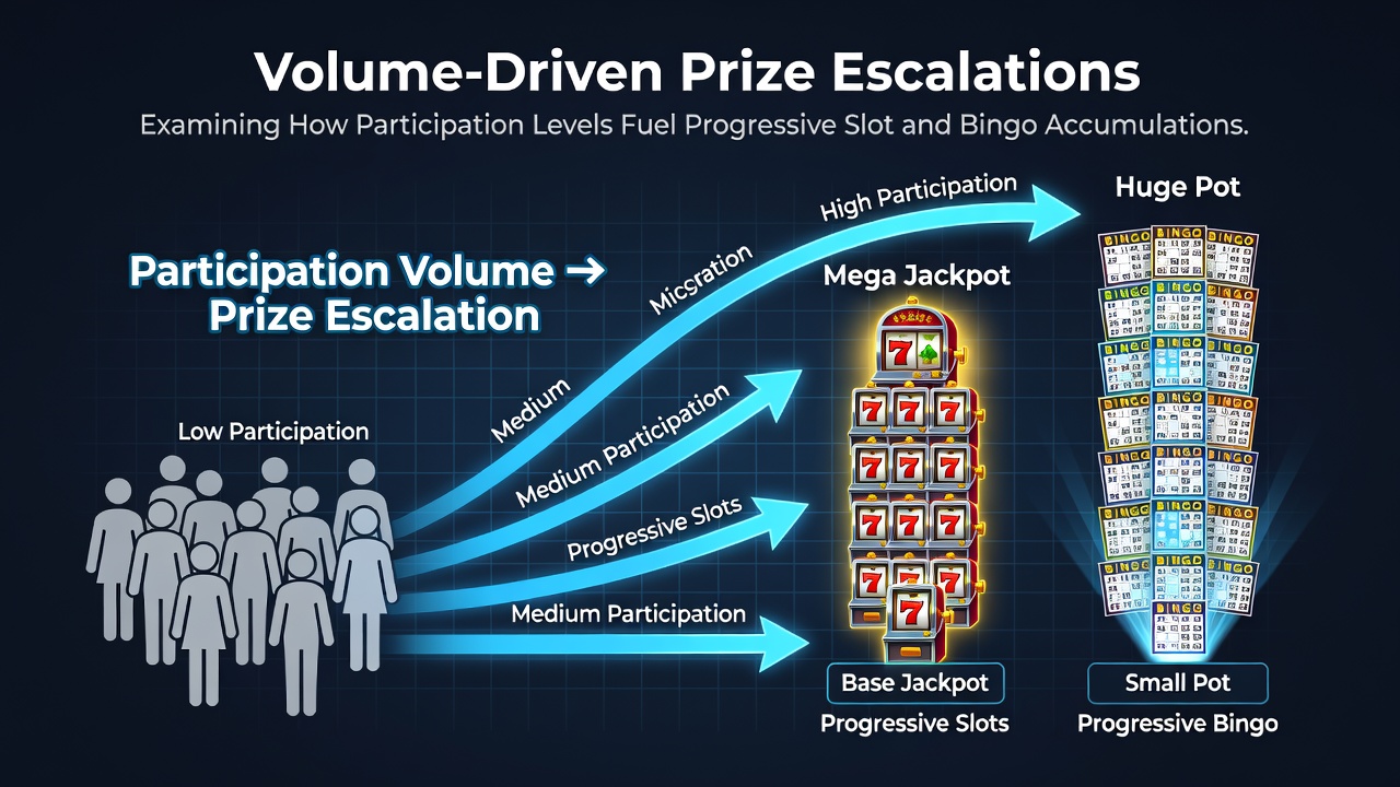 Illustration of player participation increasing progressive jackpot pools in slots and bingo games